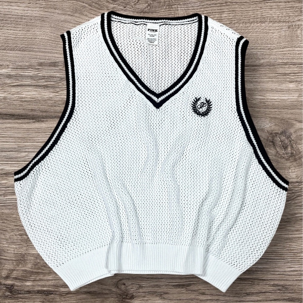 Victorias Secret PINK Cambridge Crop Sweater Vest XXL White Open Knit Athleisure
